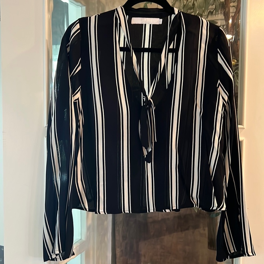 Delacy Black White Striped Blouse Business Casual Office Attire V Neck